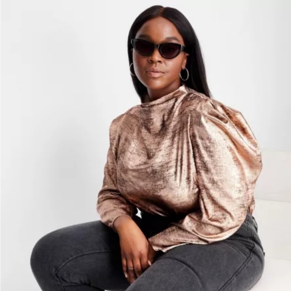 Future Collective Puff shoulder metallic long sleeve mock neck blouse